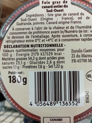 Foie gras de canard entier du Sud-Ouest - Tableau nutritionnel