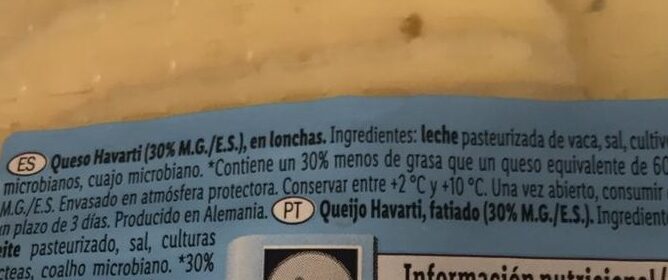 Queso Havarti light - Ingredients - es