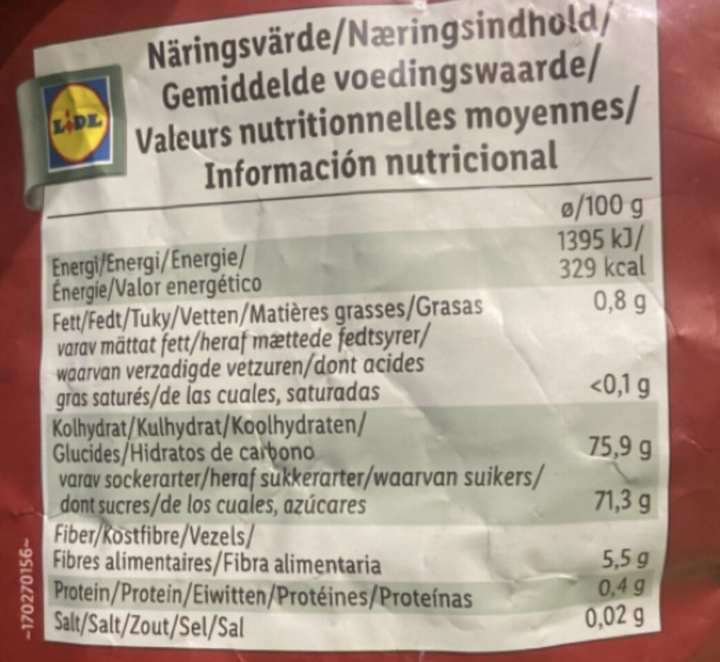 Canneberges sucrées séchées - Tableau nutritionnel
