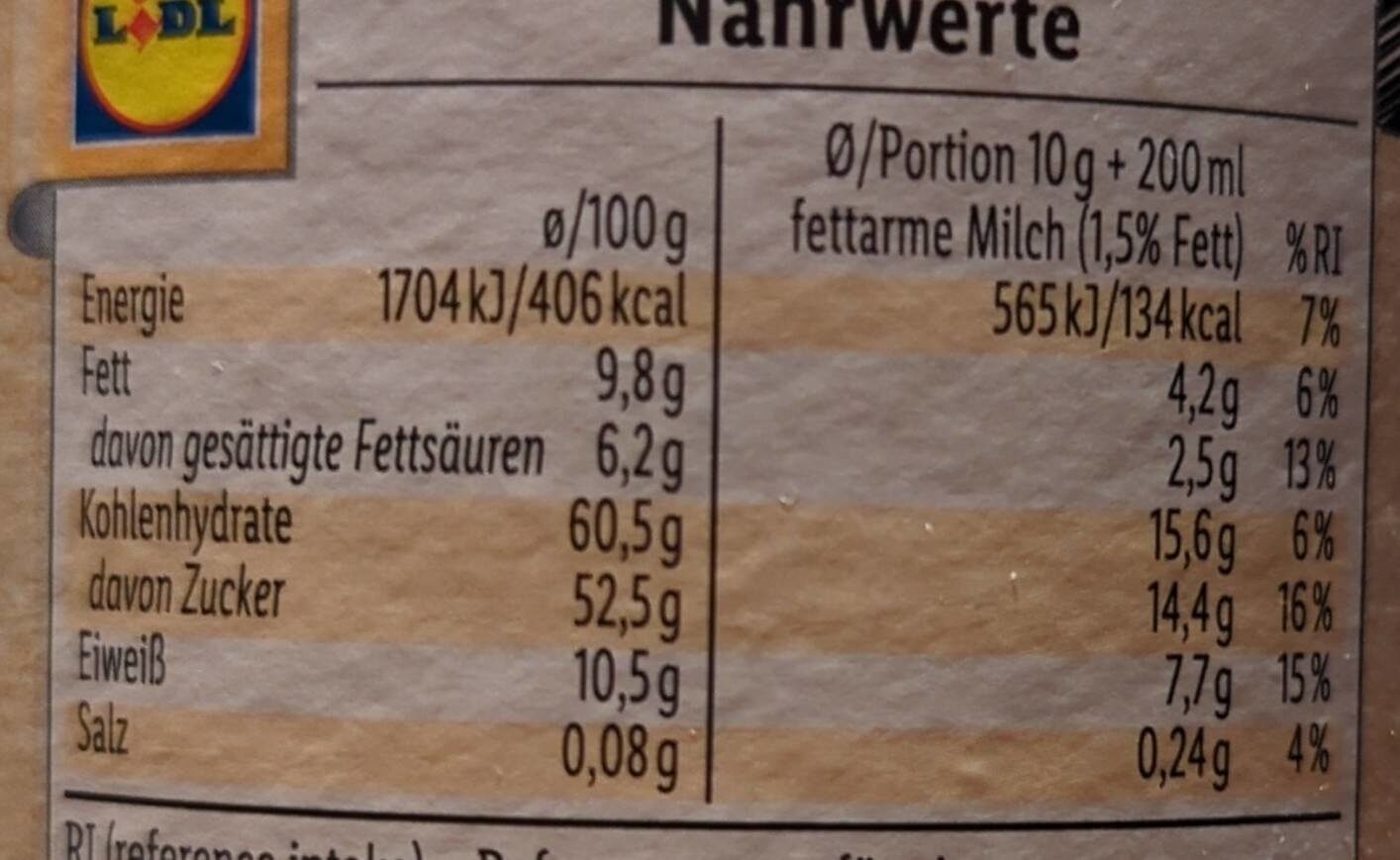 Bio Trink Schokolade - Nährwertangaben - el