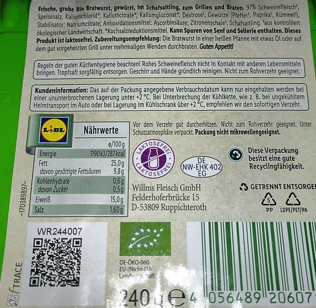 Bio Bratwurst - Wiederverwertungsanweisungen und/oder Verpackungsinformationen