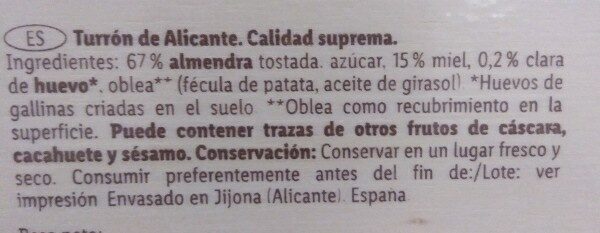 Turrón de Alicante - Ingredientes