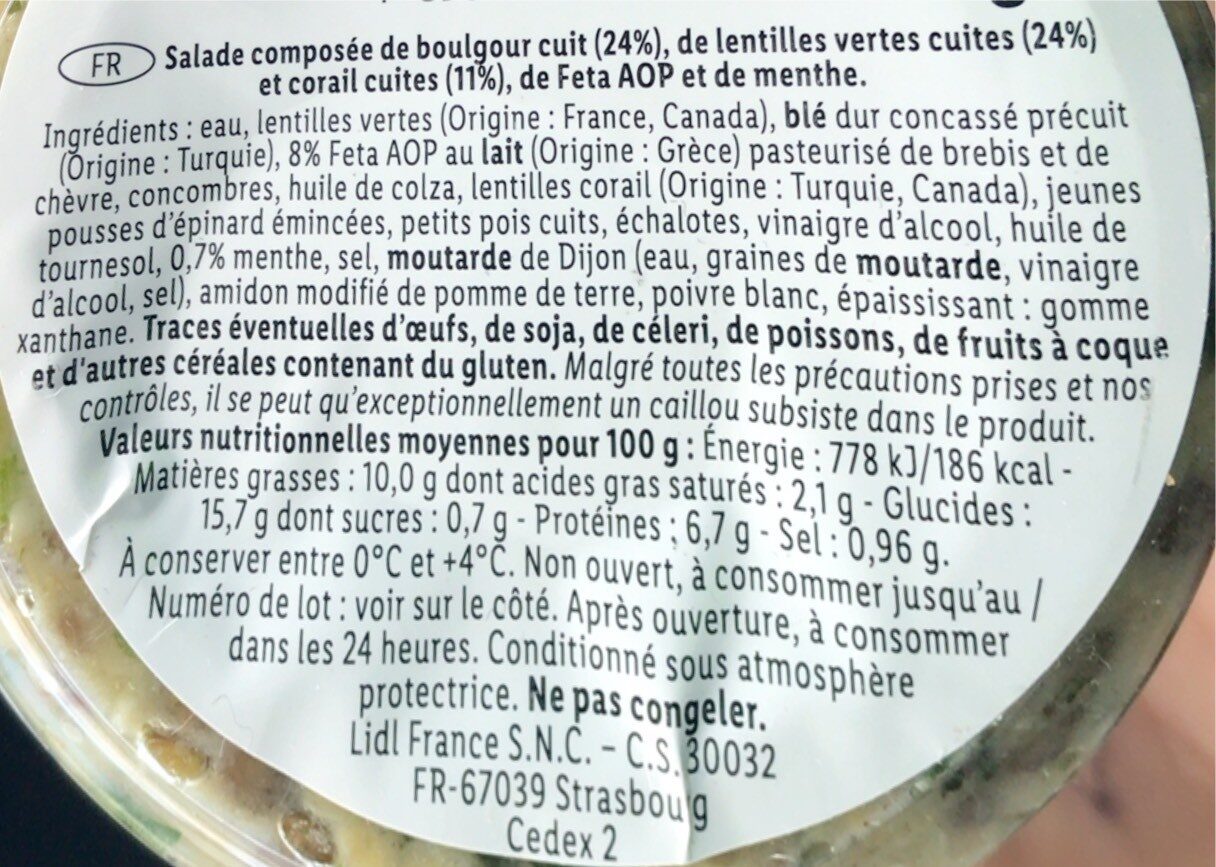 Salade Veggie aux Lentilles-boulgour Feta - Tableau nutritionnel