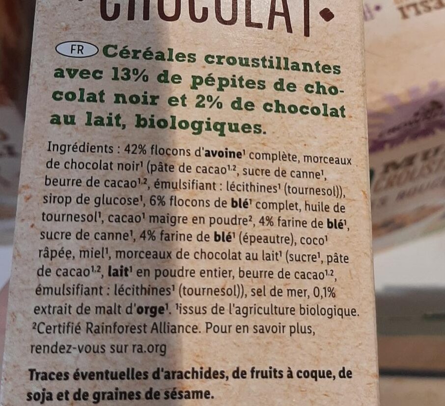 Bio Muesli croustillant chocolat - Ingrédients