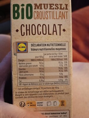 Bio Muesli croustillant chocolat - Tableau nutritionnel