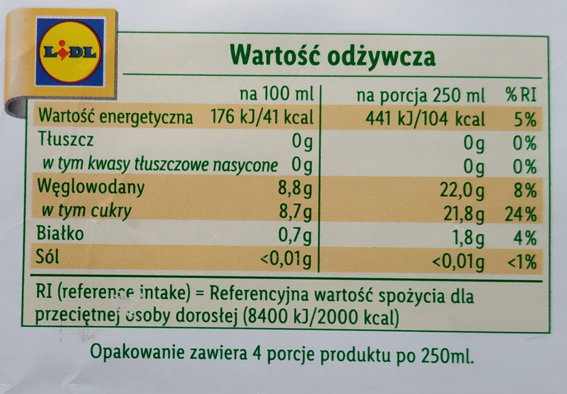 Sok 100% tłoczony z miąższem Pomarańcza Grejpfrut Pitaja - Nutriční hodnoty - pl