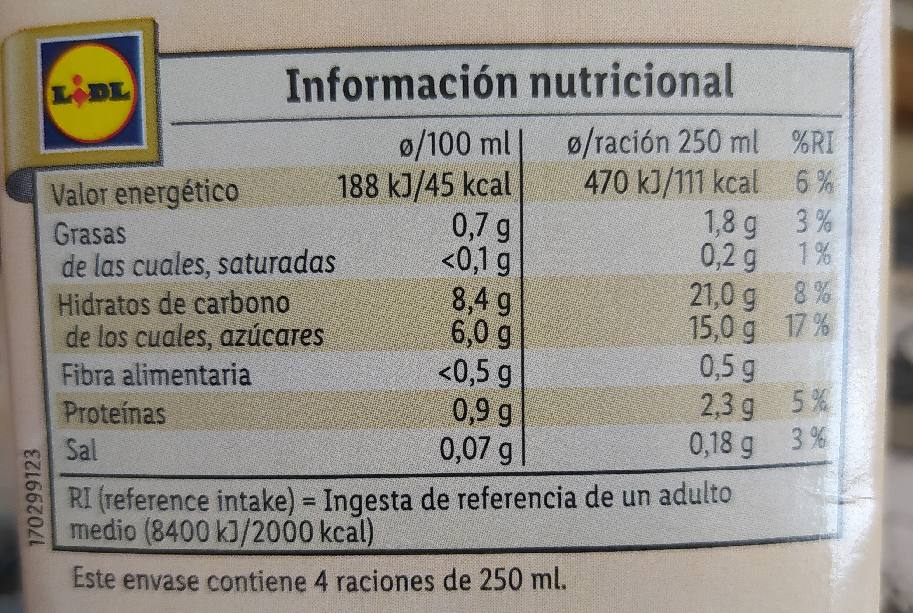 Bebida de trigo espelta - Informació nutricional - es