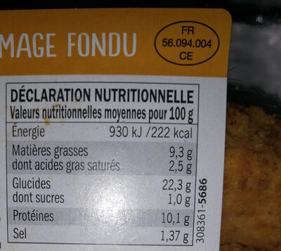 Petits poissons panés au fromage fondu - Tableau nutritionnel