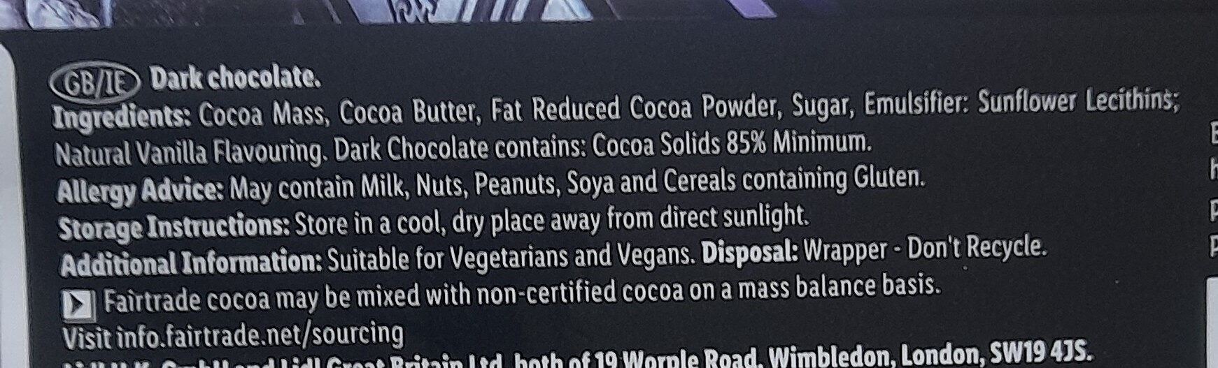 Extra Dark 85% Cocoa - Ingredients - en