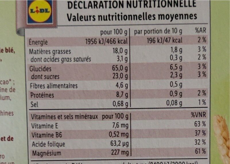 Biscuit au germe de blé pépites de chocolat - Nutrition facts - fr