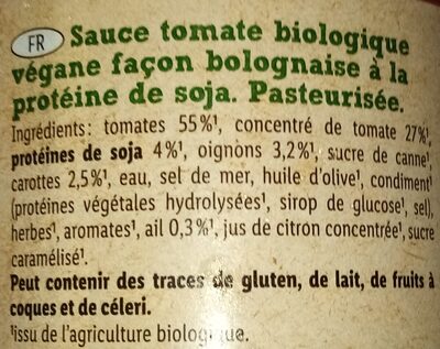 Sauce tomate bio vegan bolognese style - Ingrédients