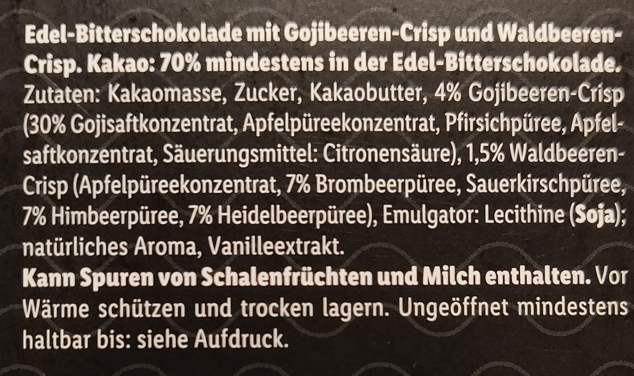 Deluxe Goji Waldbeere Edel-Bitterschokolade - Zutaten