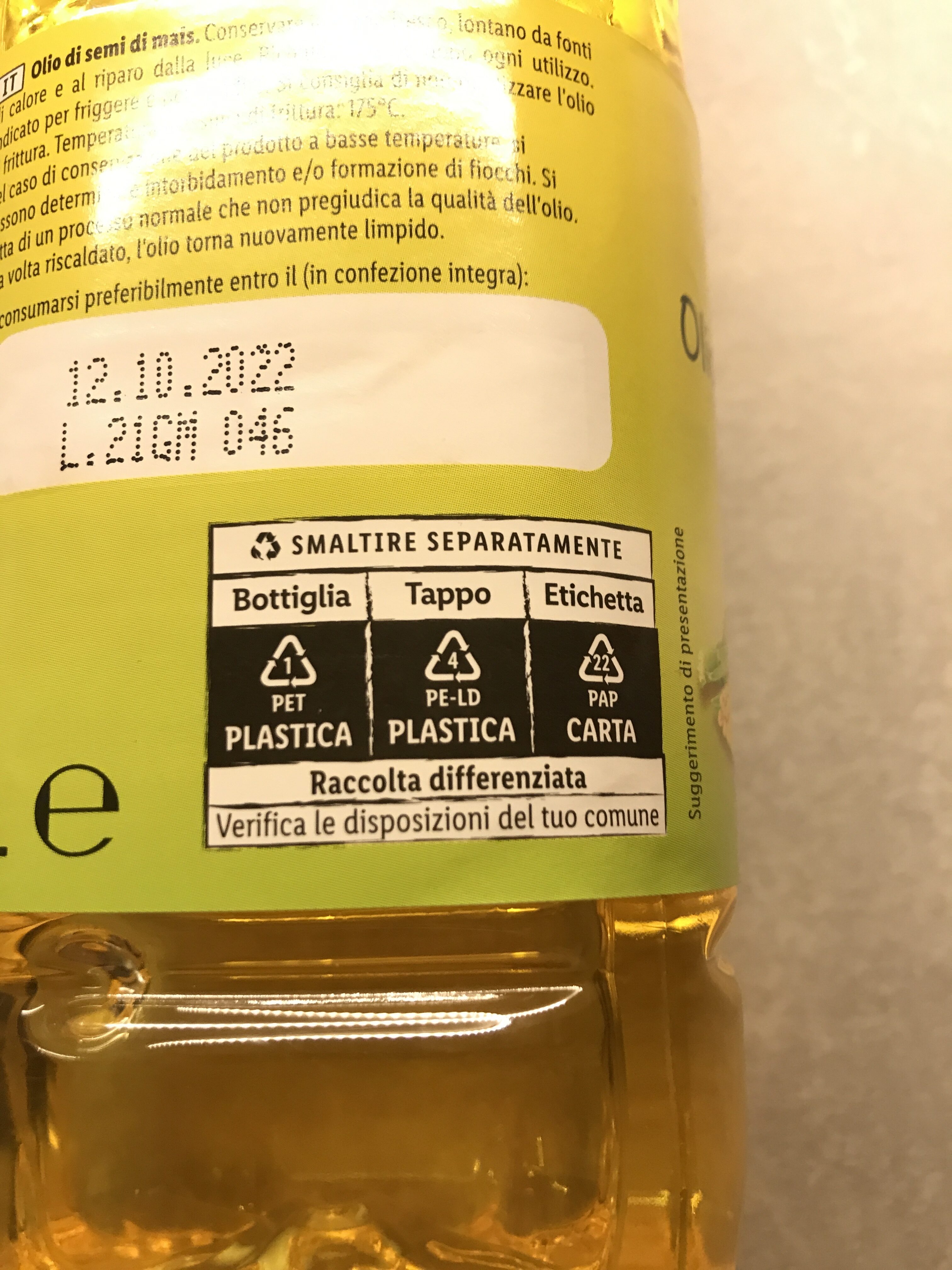 Olio di semi di mais - Recycling instructions and/or packaging information