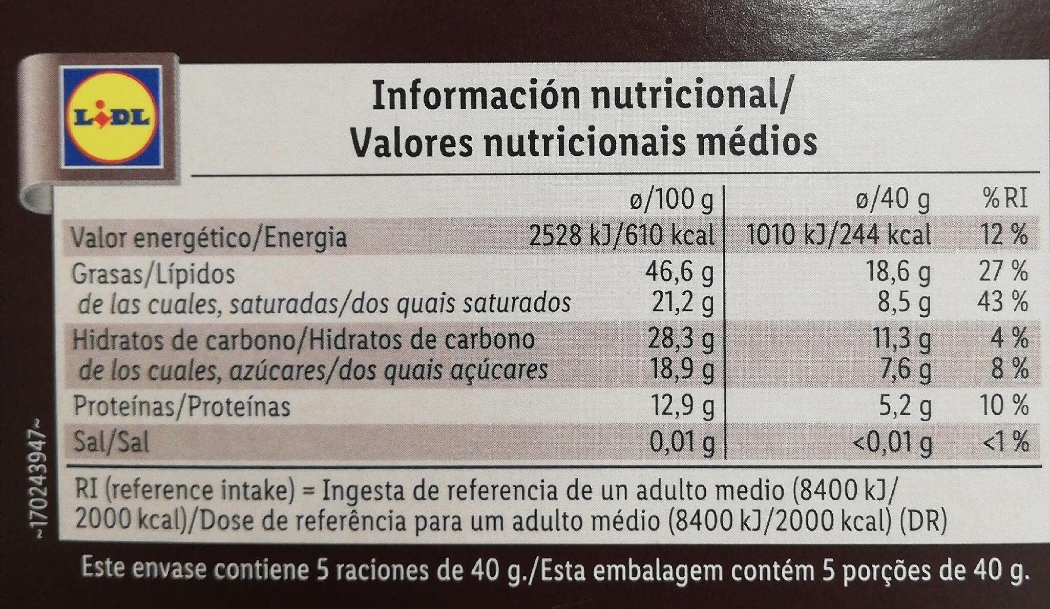 Chocolate Negro - Informació nutricional - es