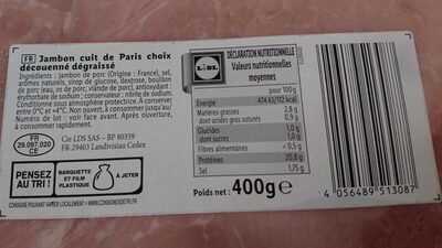 Jambon cuit de Paris decouenné dégraissé - Product - en