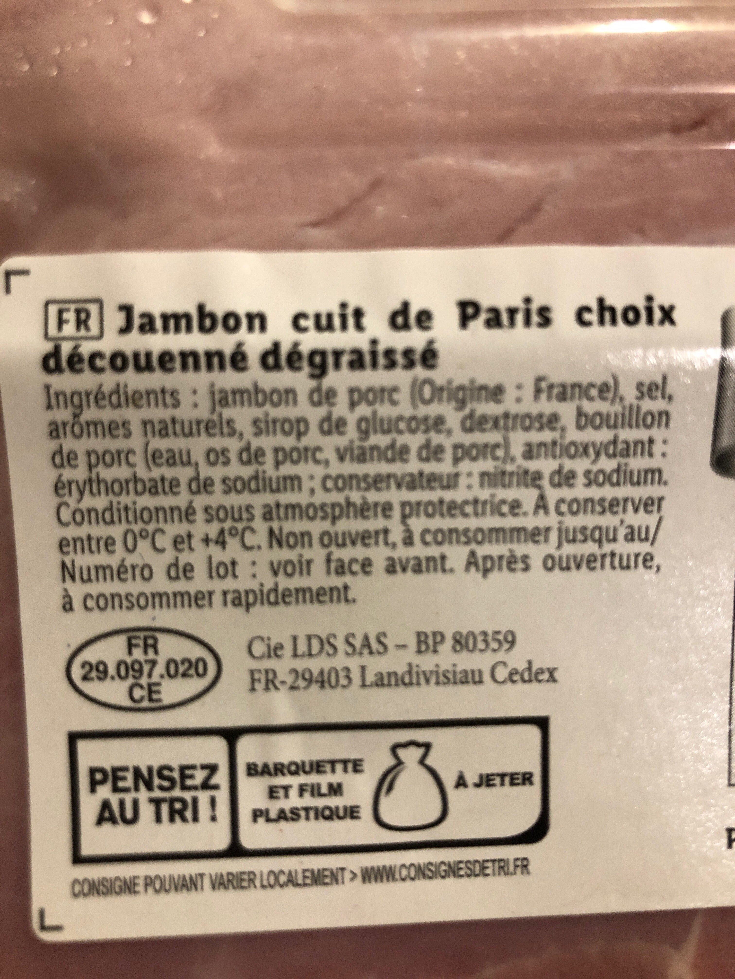 Jambon cuit de Paris decouenné dégraissé - Ingrediënten - en
