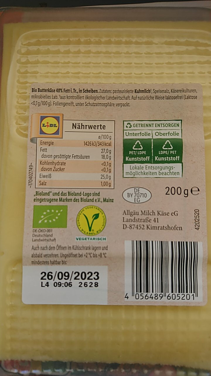 Bio Butterkäse in Scheiben - Zutaten