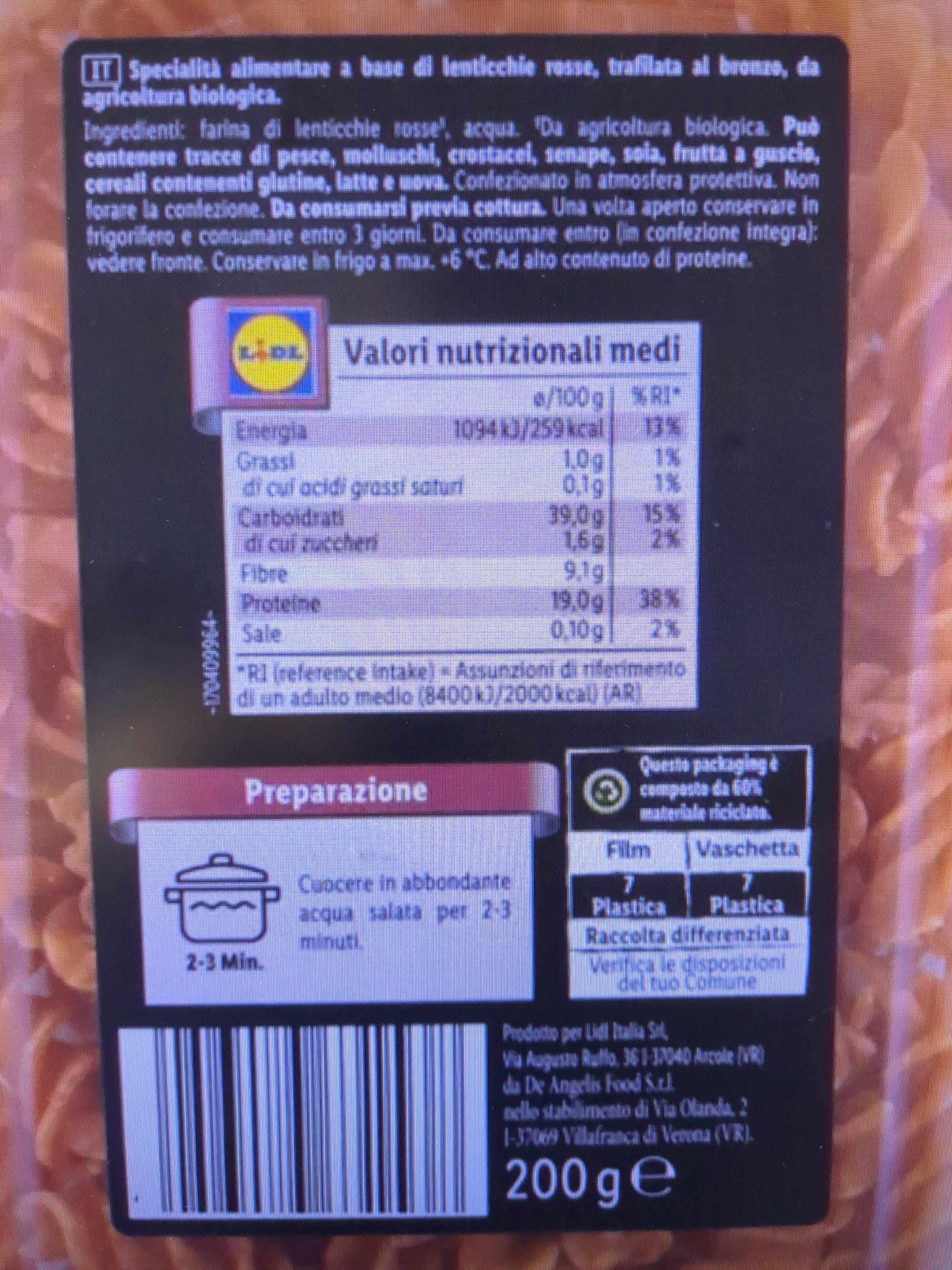 High protein Fusilli Freschi con farina di lenticchie rosse - Ingredienti