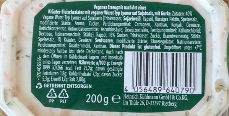 Veganer Salat n. A. eines  Kräuter Fleischsalats - حقائق غذائية - de