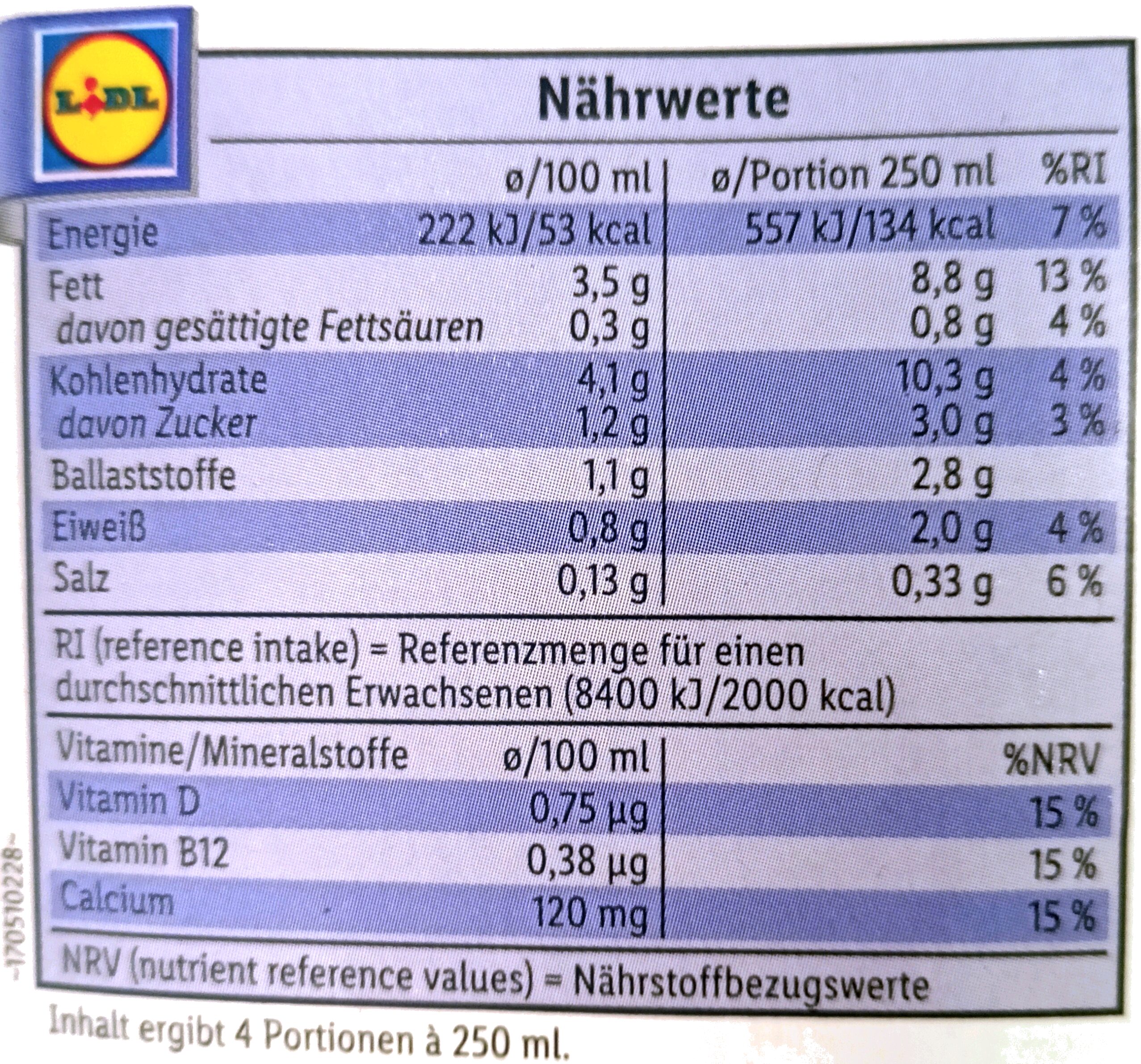 No Milk Hafer 3,5% Fett - Nährwertangaben