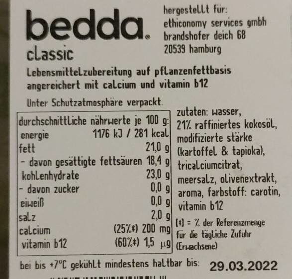 Bedda Scheiben Classic - Voedingswaarden - de