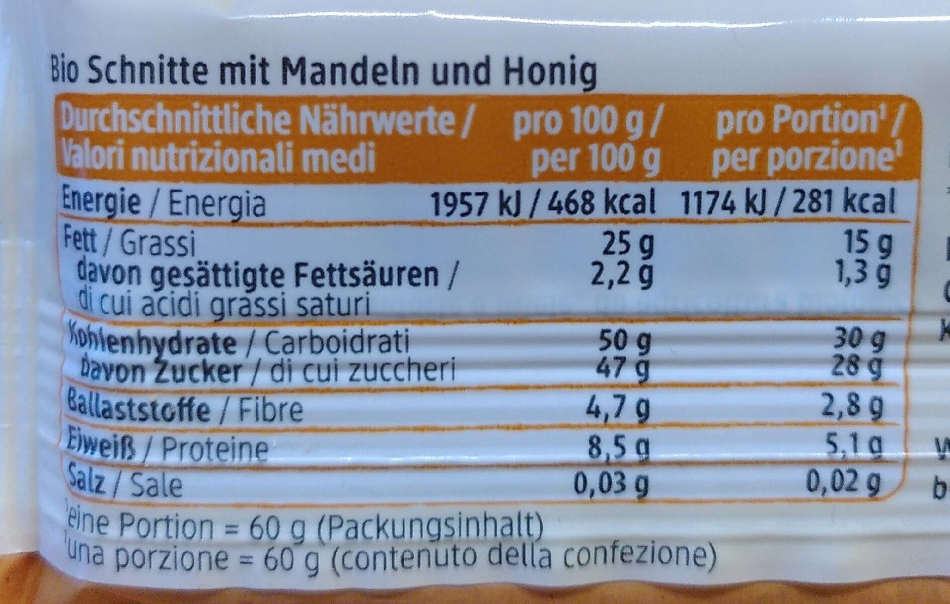 DmBio Mandel Honig Schnitte - Voedingswaarden - de