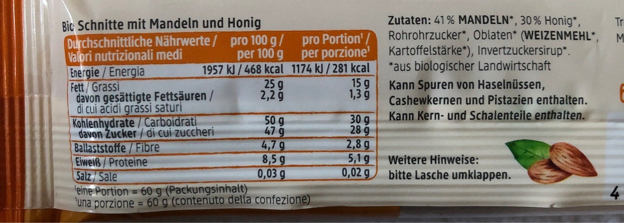 DmBio Mandel Honig Schnitte - Tableau nutritionnel