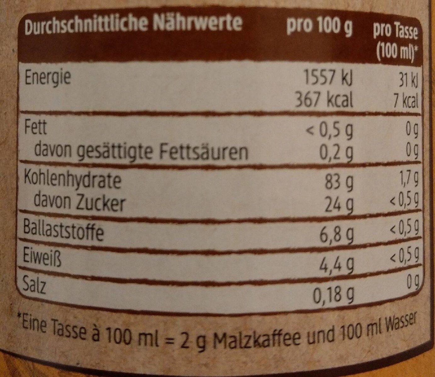 Malz Kaffee - Nutrition facts - de