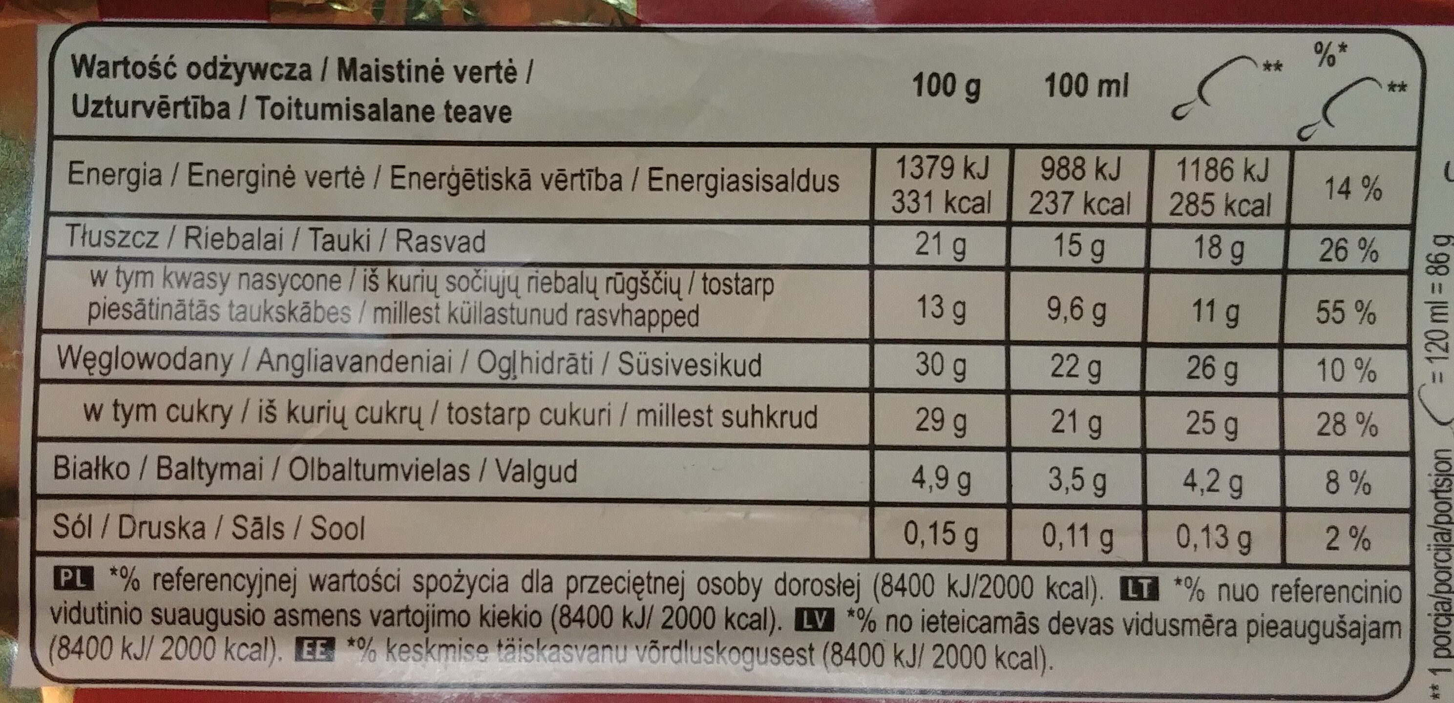 Lody z wanilią z Madagaskaru w polewie z mlecznej czekoladzie 28% i migdałami 5% - Hranljiva vrednost - pl