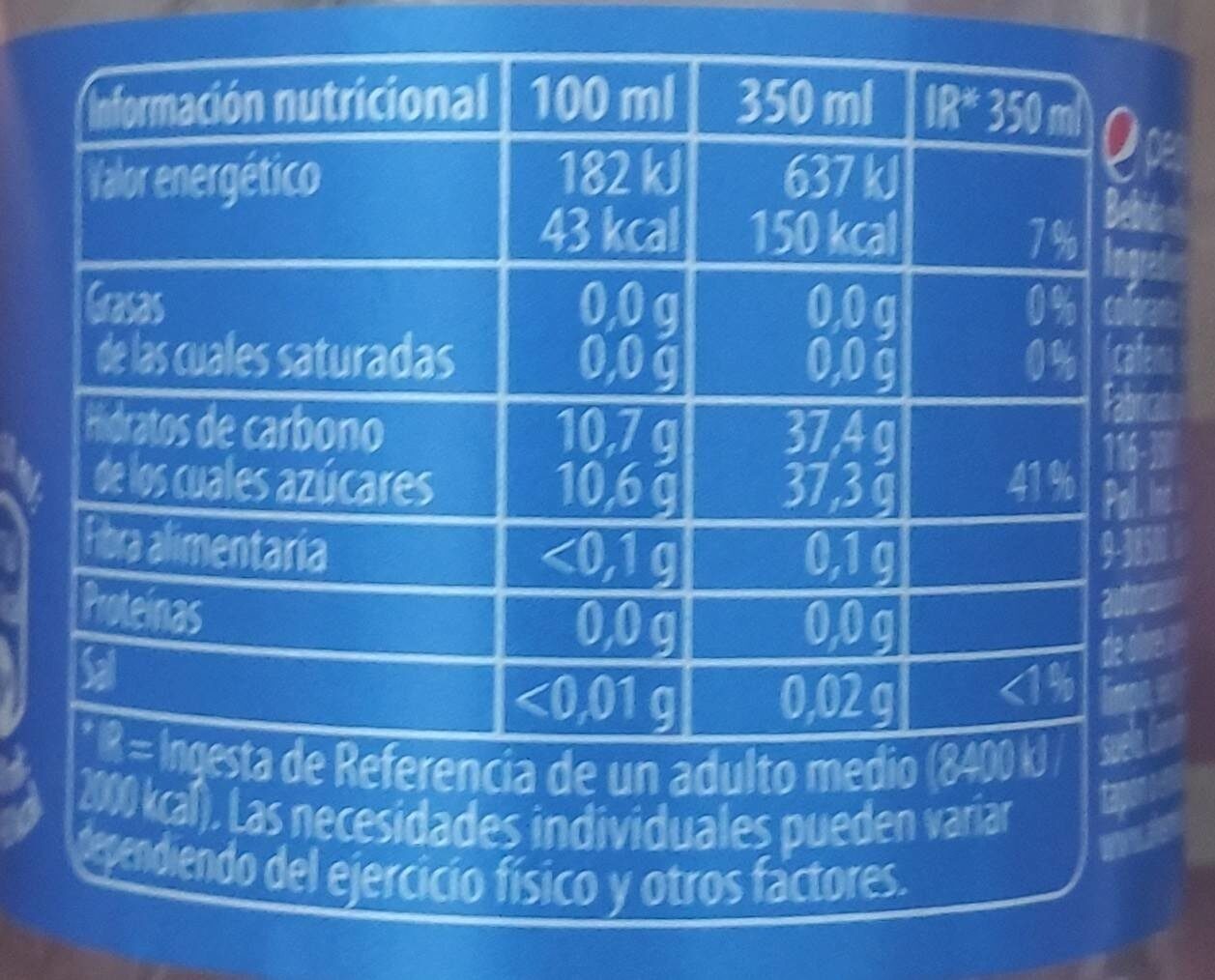 Pepsi - Información nutricional