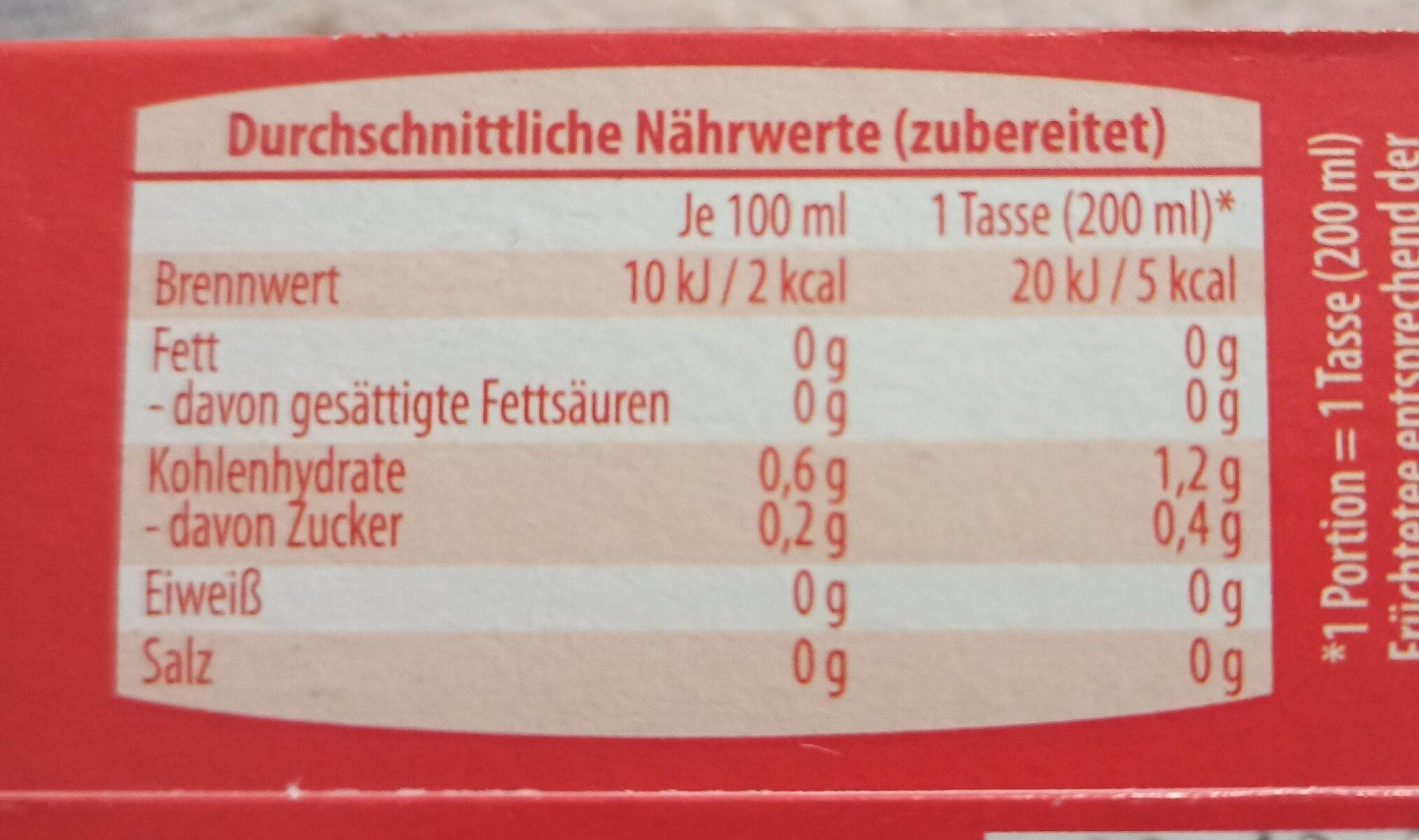 Erdbeere-Himbeere Früchtetee - Nutrition facts - de