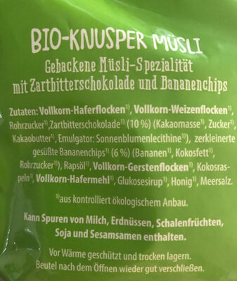 Bio Knusper-Müsli Schoko-Banane - Zutaten
