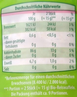 Reiswaffeln ohne Salz - Nutrition facts - de