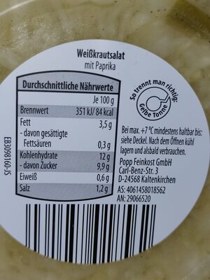 Weißkrautsalat mit Paprika - Información nutricional - de