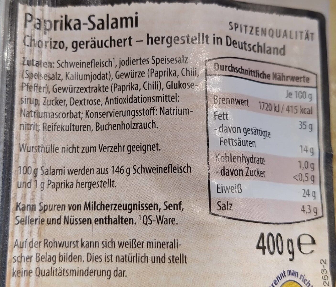 Paprika-Salami Chorizo, geräuchert - Nutrition facts - de