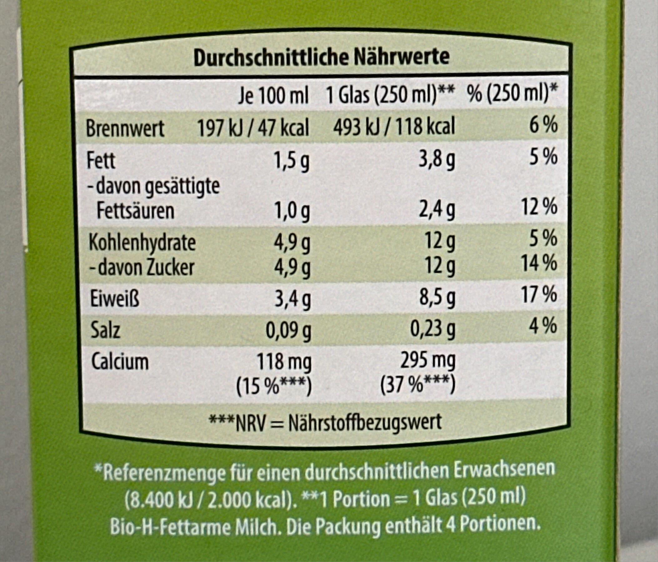 Haltbare fettarme Biomilch - Tableau nutritionnel - de