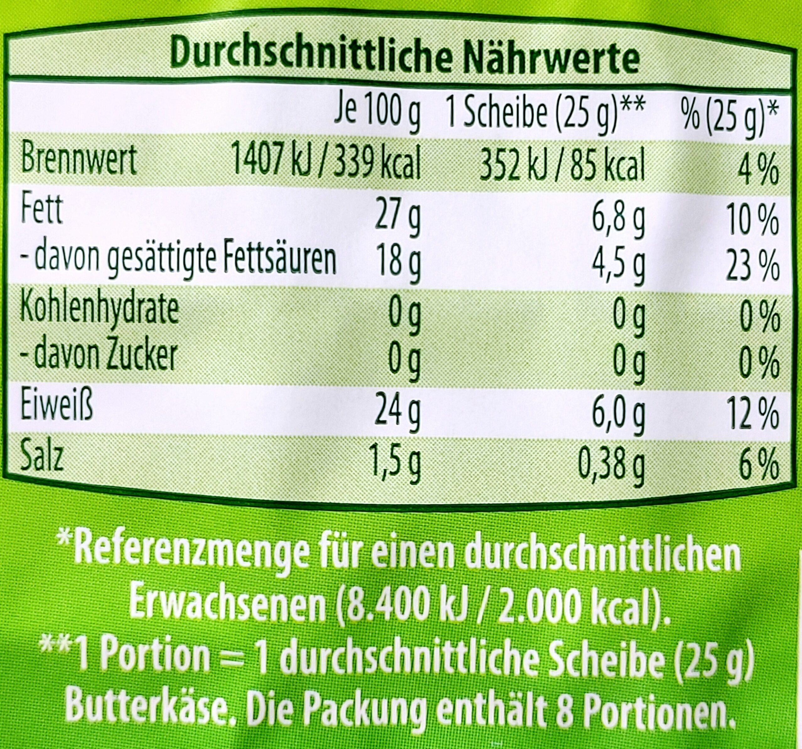 Bio-Butterkäse in Scheiben - Nährwertangaben