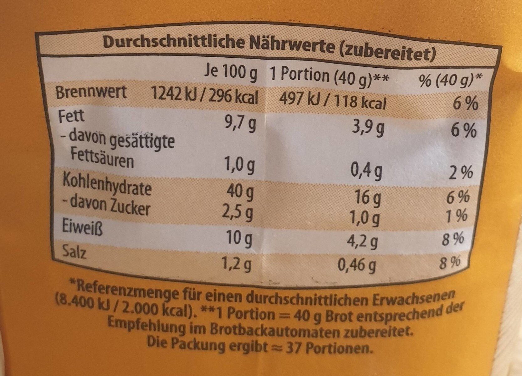 Sonnenblumen Kernbrot Brotback Mischung - Nutrition facts - de