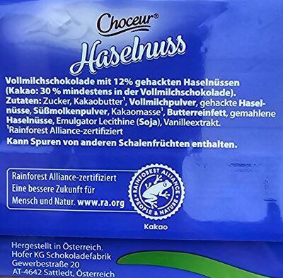 Haselnuss Vollmichschokolade - Zutaten