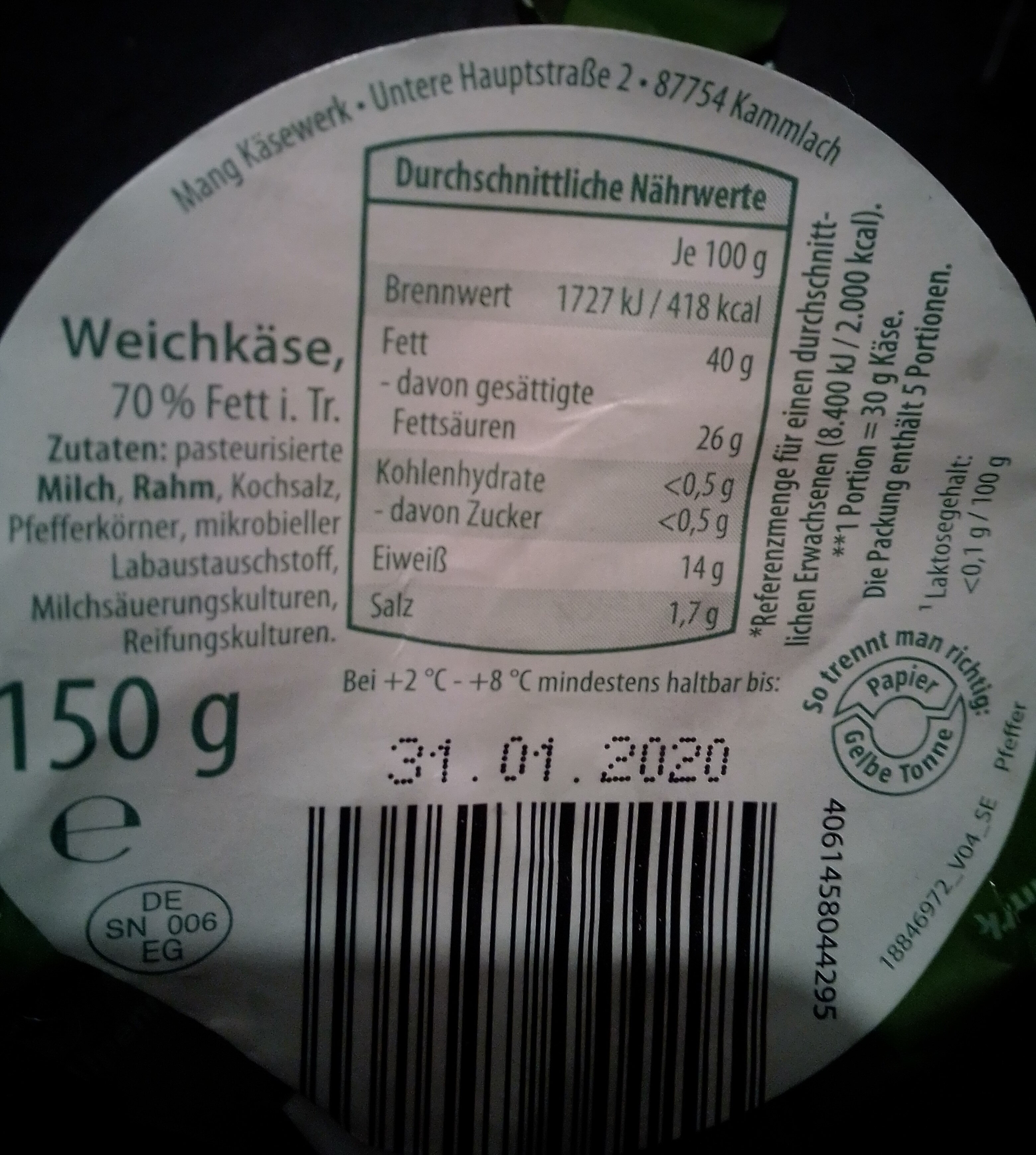 Hofburger Cremiger Weichkäse Pfeffer - Ingrédients