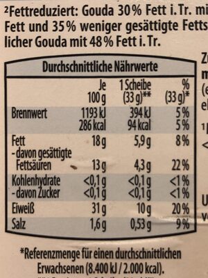 Cremig milder Gouda, 30% Fett i. Tr. - Nährwertangaben