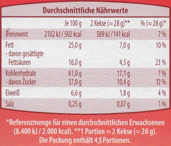 Schoko Butterkeks Zartbitter - Nutrition facts - de