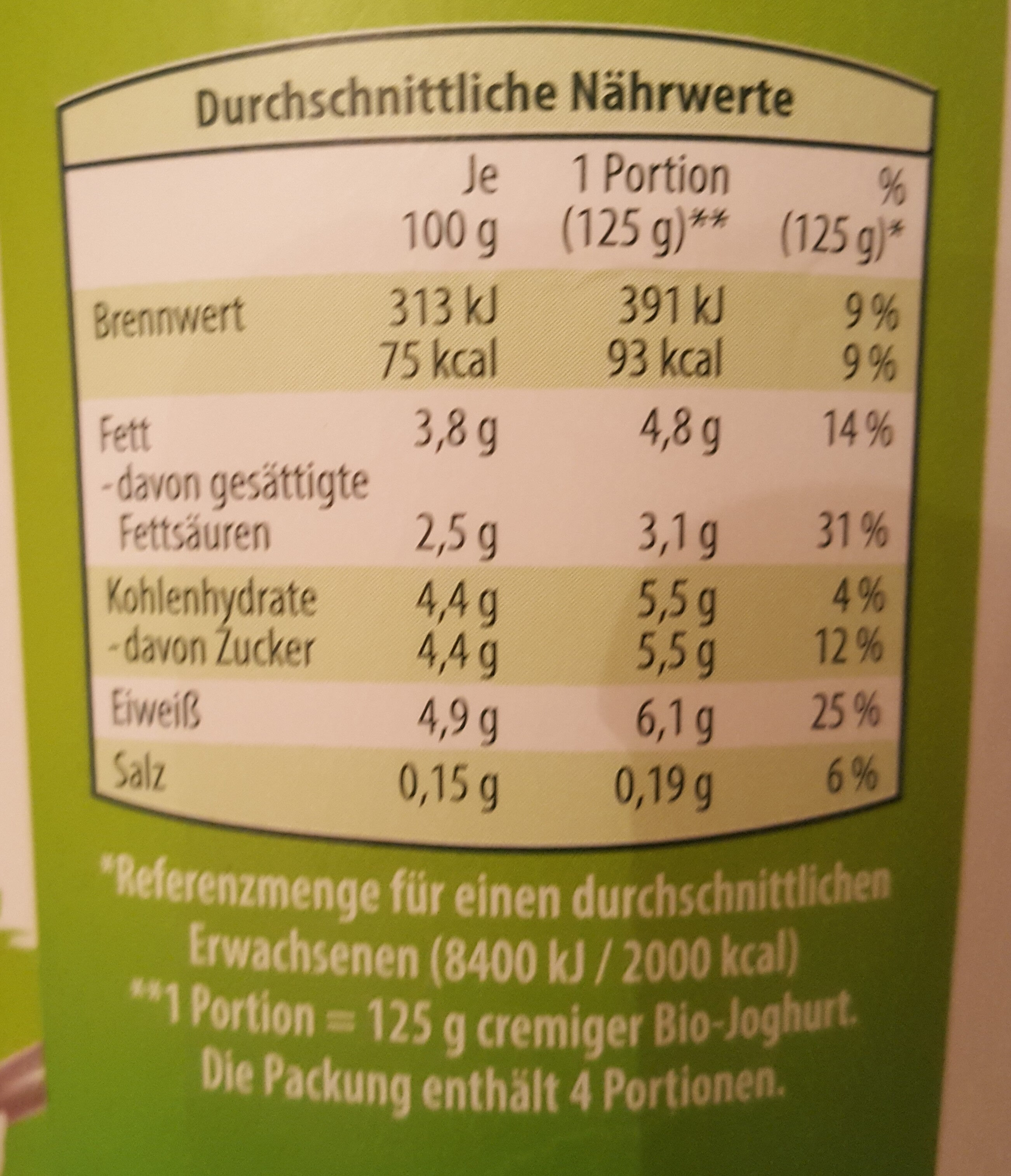 Cremiger Bio-Joghurt mild - 3,8 % Fett - Tableau nutritionnel