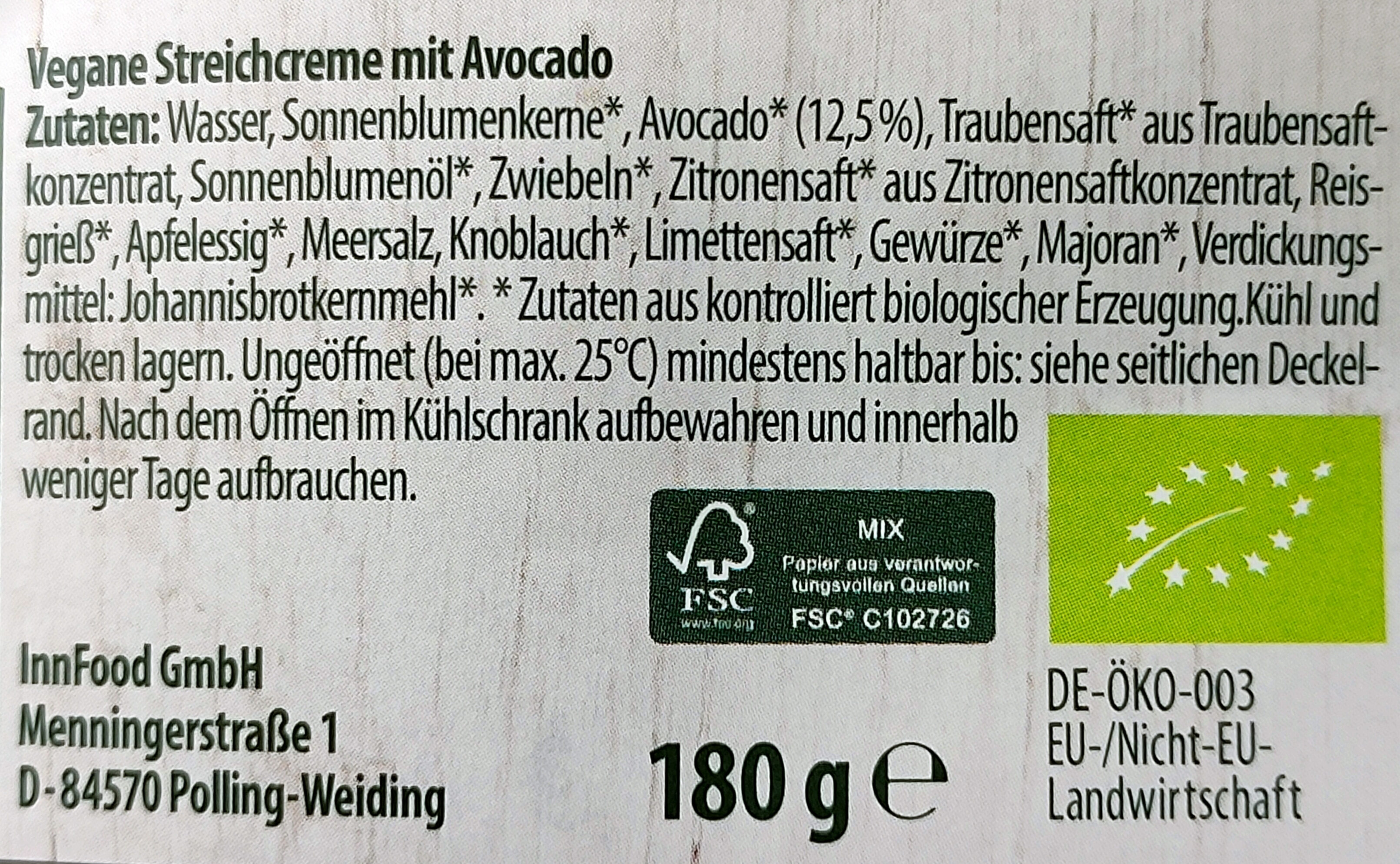 Vegane Bio-Streichcreme - Avocado - Ingredients - de