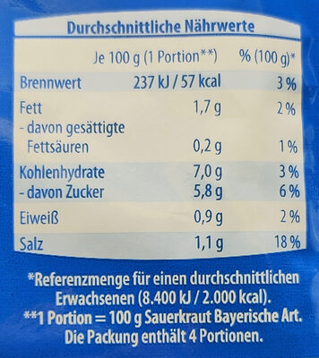 Sauerkraut Bayerische Art - Nutrition facts - de