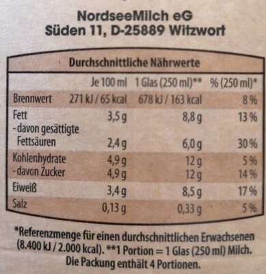 Weidemilch 3,5% Fett - Nährwertangaben