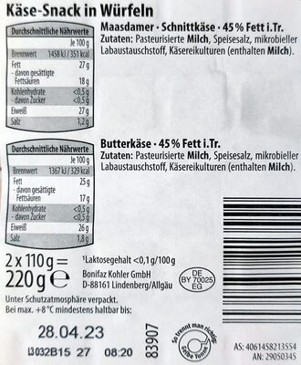 Käsesnack in Würfeln - Maasdamer & Butterkäse - Zutaten
