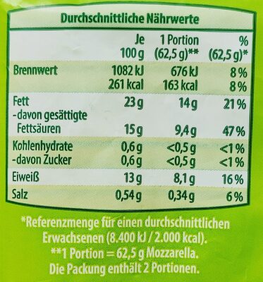 Mozzarella aus Büffelmilch 52 % (Bio) - Nährwertangaben