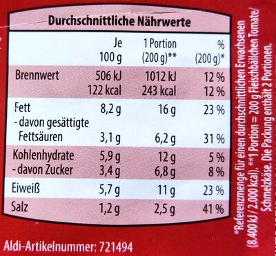 Meatballs - Tomate/Schmelzkäse - Nährwertangaben