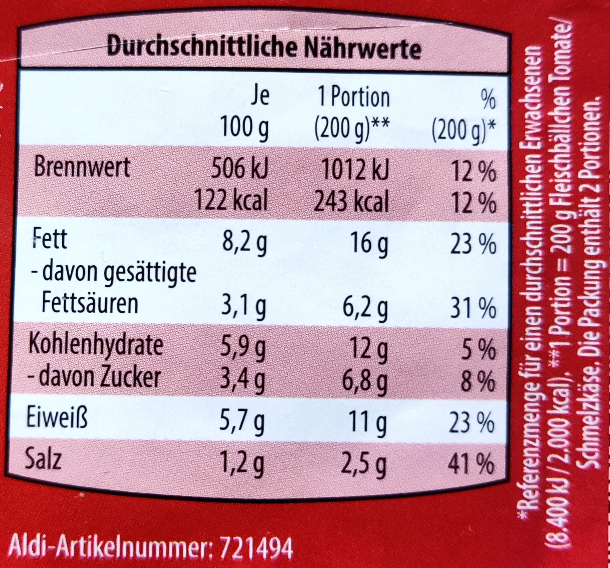 Meatballs - Tomate/Schmelzkäse - Nährwertangaben